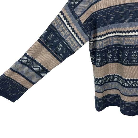 Chaps Western Sweater Blue Tan Pullover Striped Neckline Crisscross Tie Size L - Picture 3 of 8